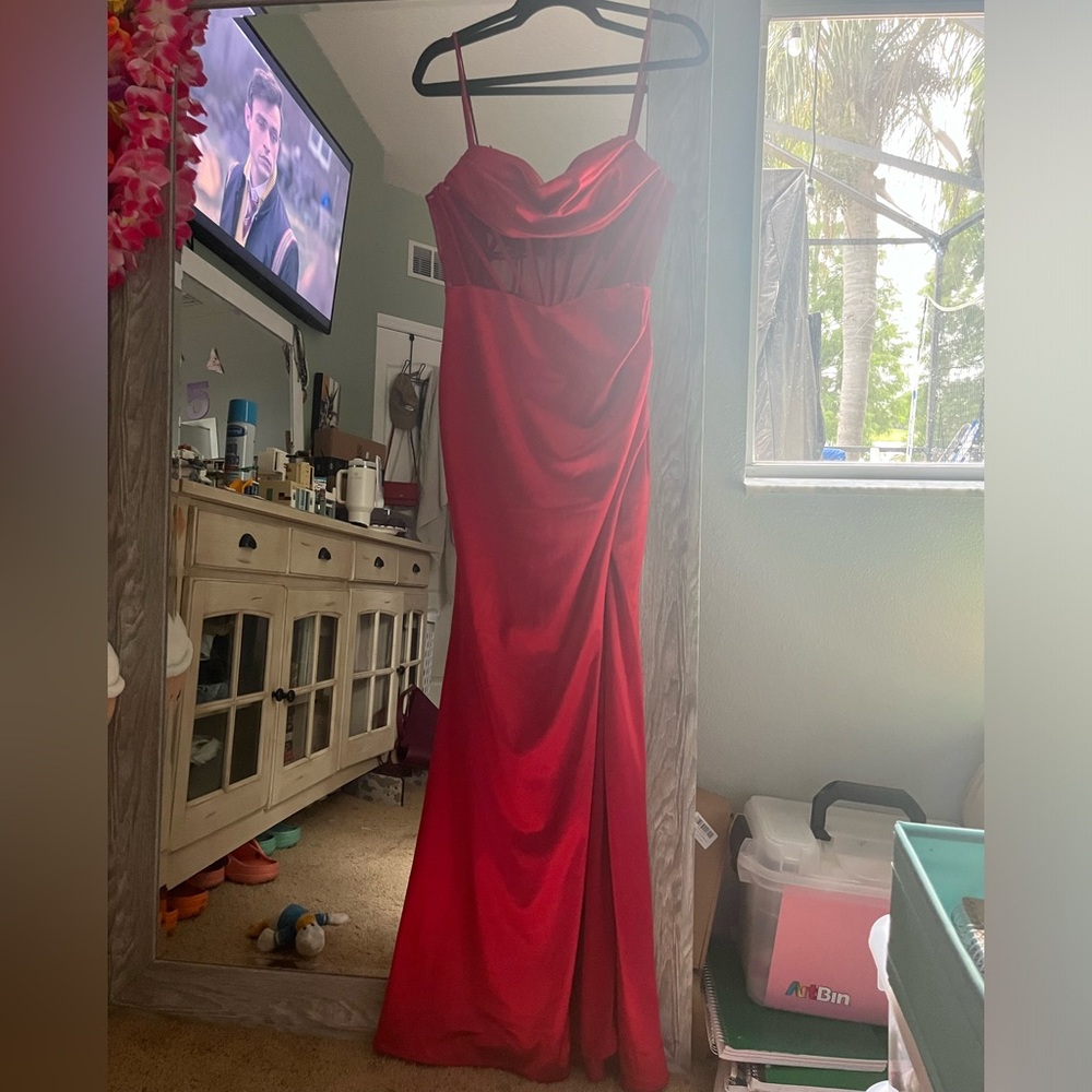 Stunning red satin prom dress with mesh and bedding